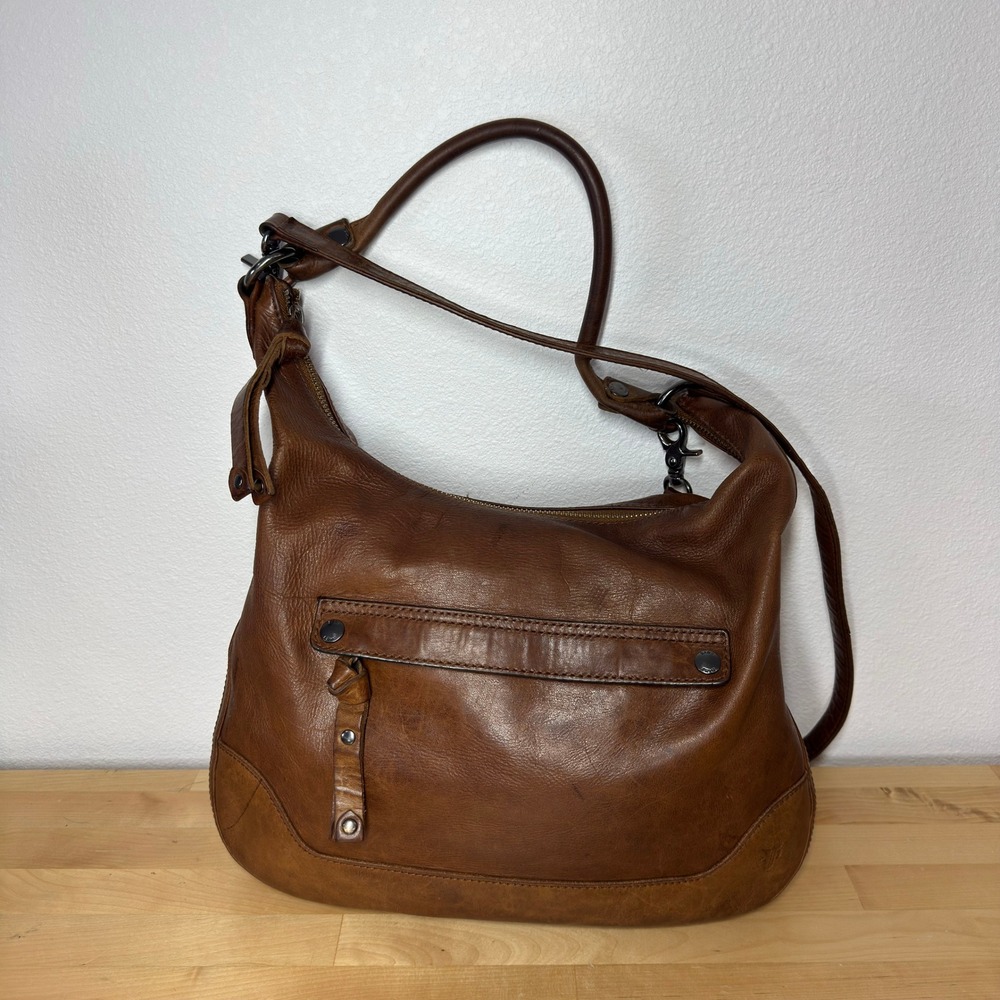 Frye Melissa Hobo Bag Cognac Brown Leather Shoulder Bag Zip Top Striped Lining